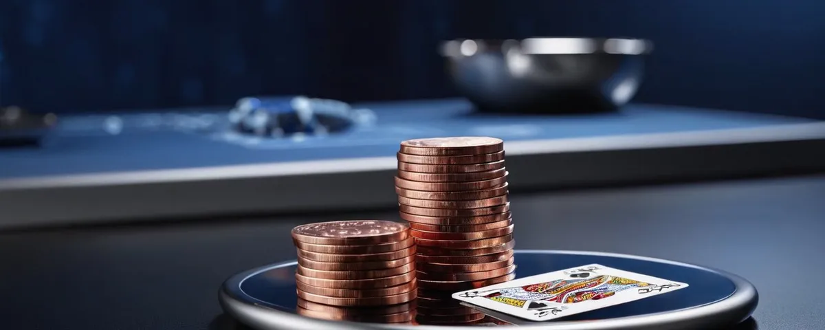Teléfono con un juego de blackjack en línea junto a una balanza plateada con fichas de cobre en un platillo