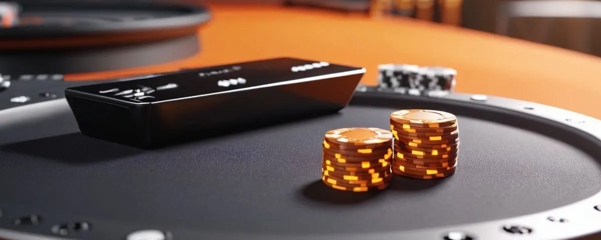 Dos teléfonos inclinados con una tragamoneda y una ruleta en línea sobre una mesa de pizarra con fichas plateadas