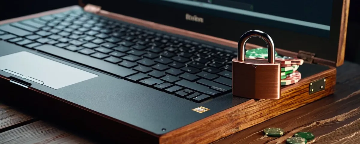 Laptop cerrada a medias con una ruleta en línea apagada, un calendario de cobre y fichas plateadas guardadas en una caja