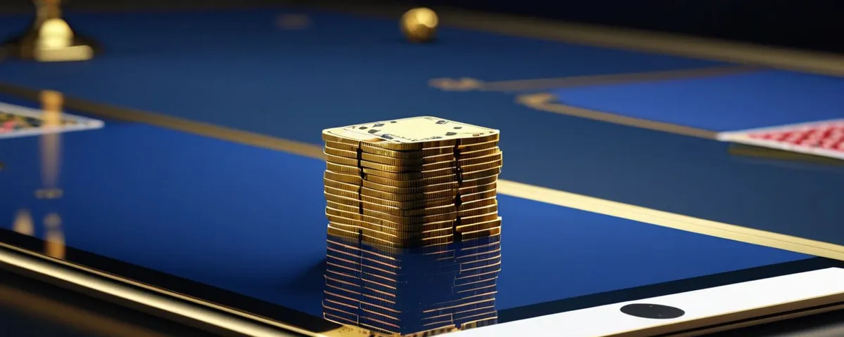 Mesa de baccarat digital en una tableta con dos manos de cartas y fichas doradas y verdes