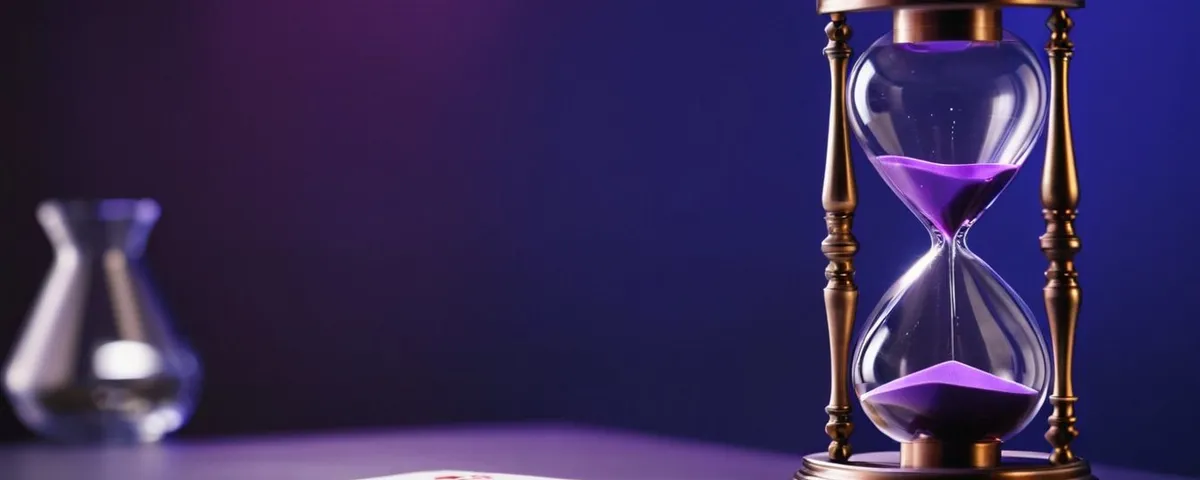 Reloj de arena junto a un teléfono con una mano de blackjack en pantalla y fichas de cobre