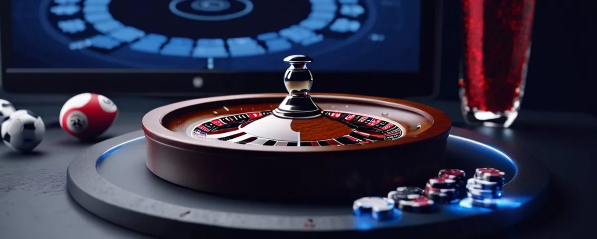 Monitor con una ruleta en vivo junto a un teléfono con un marcador deportivo y fichas de cobre apiladas