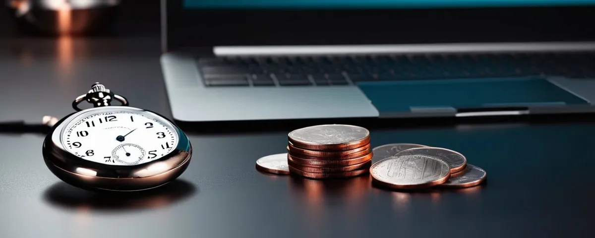 Laptop con un tablero de bonos de casino, monedas de plata en columnas y un reloj de bolsillo de cobre