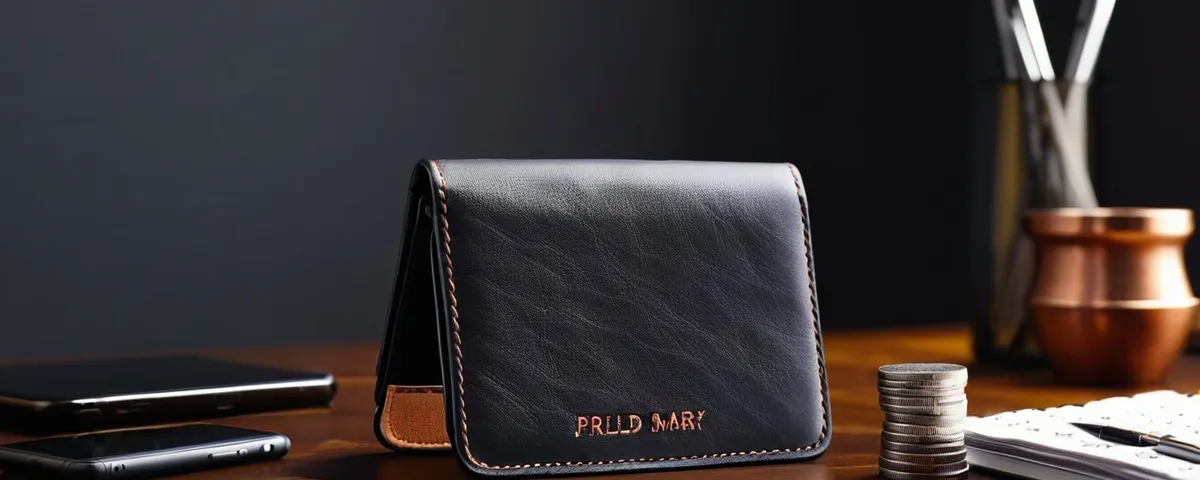 Teléfono con una tragamoneda encendida junto a una cartera de cuero con monedas de plata y un calendario de cobre