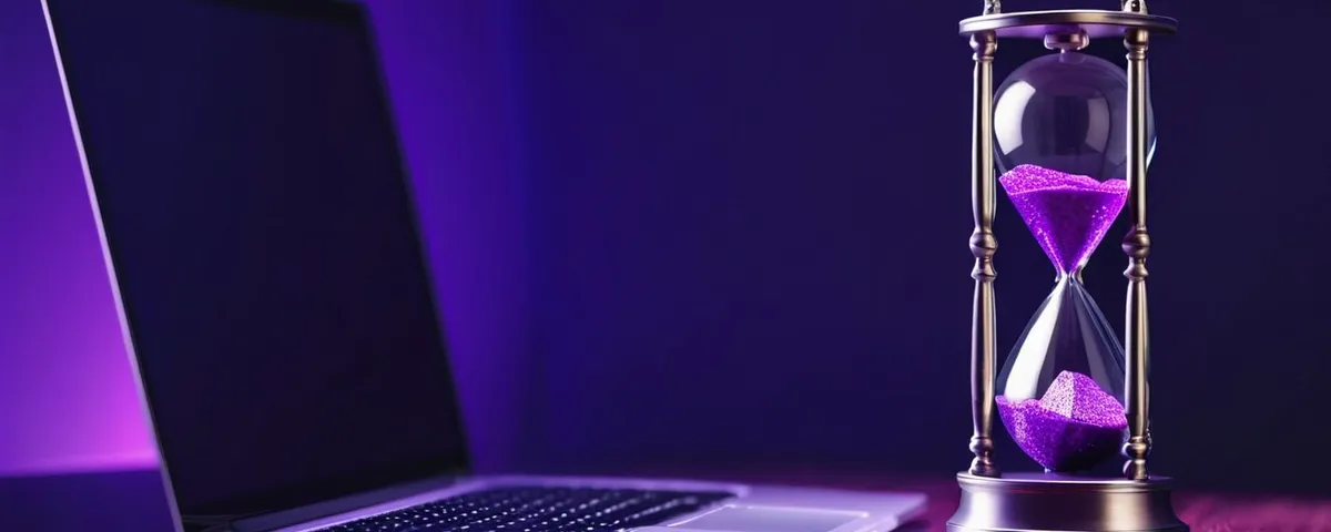 Laptop con un casino en línea abierto, fichas moradas en torre y un reloj de arena de plata sobre pizarra oscura