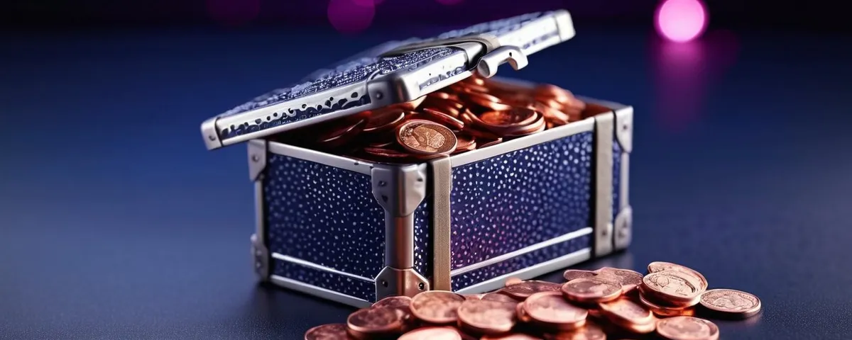Teléfono con una tragamoneda en línea junto a una caja de regalo plateada abierta y fichas de cobre