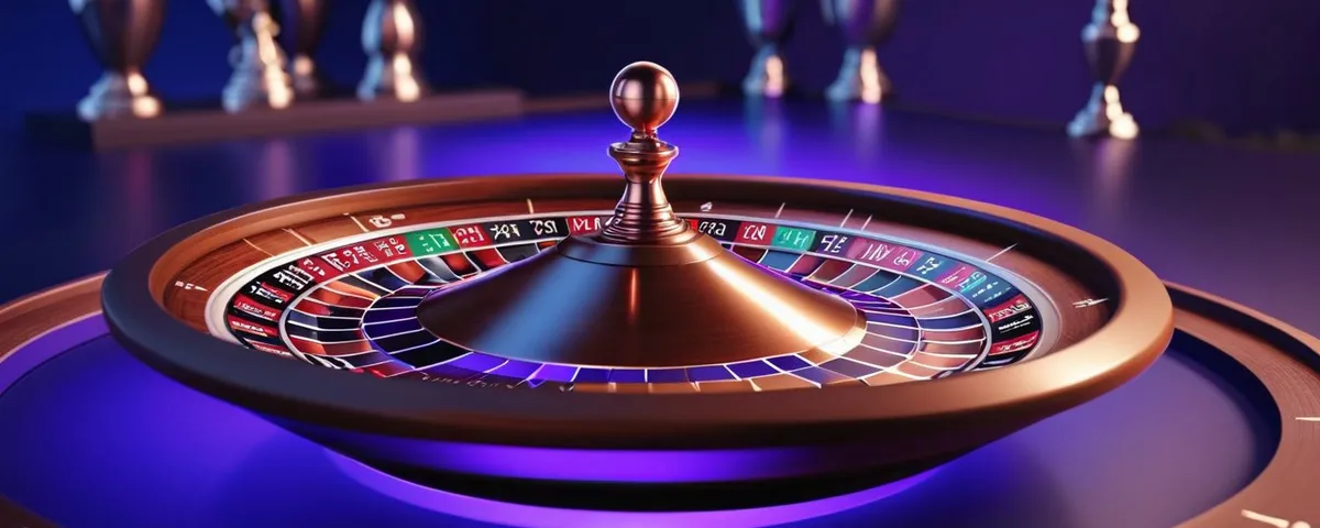 Tableta con una ruleta en línea, un reloj de arena de cobre y una pila de fichas plateadas bajo luz violeta