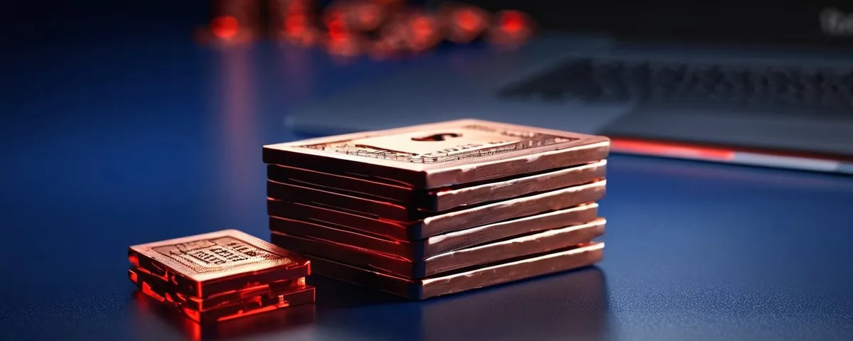 Laptop con una tragamoneda en pausa, un candado de cobre cerrado sobre una pila de fichas y luz roja