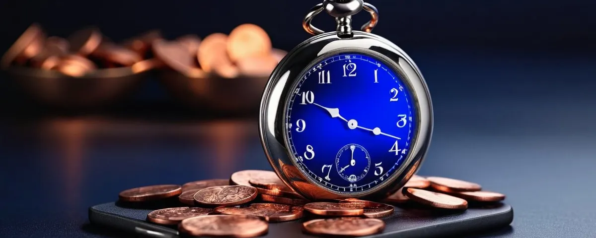 Teléfono con un botón de retiro iluminado, un reloj de bolsillo plateado y monedas de cobre sobre una mesa oscura
