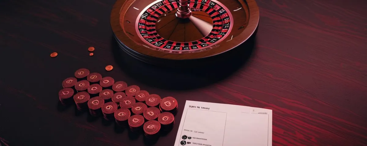 Teléfono con una ruleta en línea junto a billetes doblados, monedas de cobre y un ticket de tienda sobre una mesa oscura