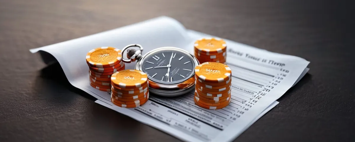 Tableta con una tragamonedas encendida, una pila de fichas de cobre y un reloj de bolsillo plateado junto a un recibo