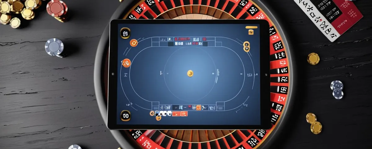 Tableta con una ruleta en línea, tarjetas prepago sin datos y fichas plateadas bajo luz azul
