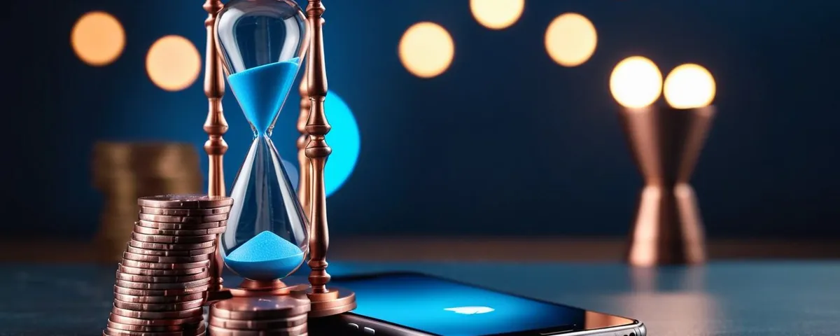 Teléfono con una app bancaria junto a fichas plateadas y un reloj de arena sobre una mesa de pizarra