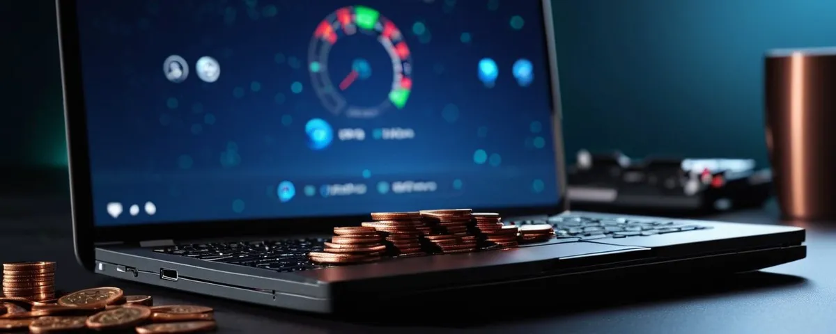 Monedas de cobre que viajan por un haz de luz entre una laptop con un casino en línea y un teléfono