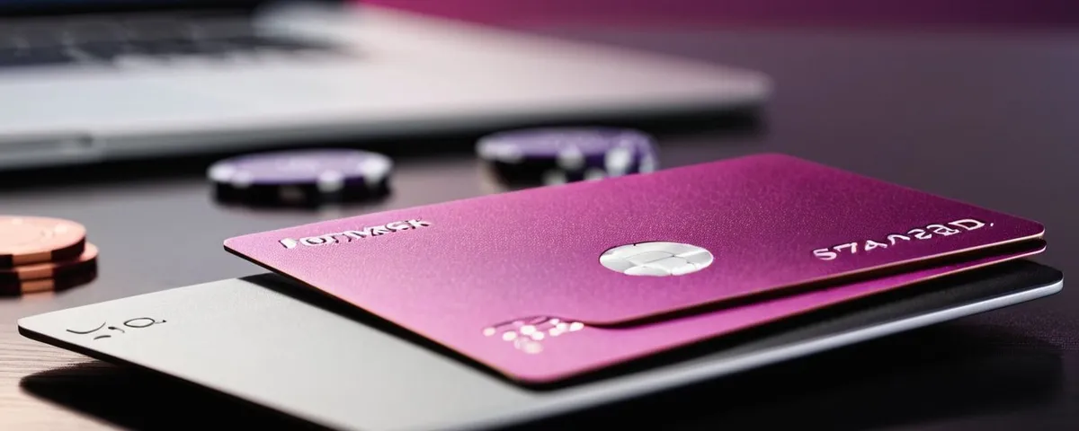 Tarjeta bancaria plateada sin datos frente a una laptop con una mesa de blackjack en línea y fichas de cobre