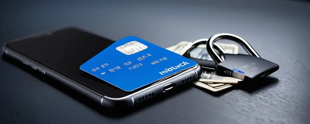Teléfono con una tragamonedas encendida, un candado plateado y dos tarjetas sin datos sobre una mesa de pizarra
