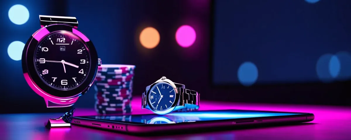 Transmisión de una mesa de cartas en vivo en una tableta, con fichas y un reloj de pulsera sobre una mesa oscura