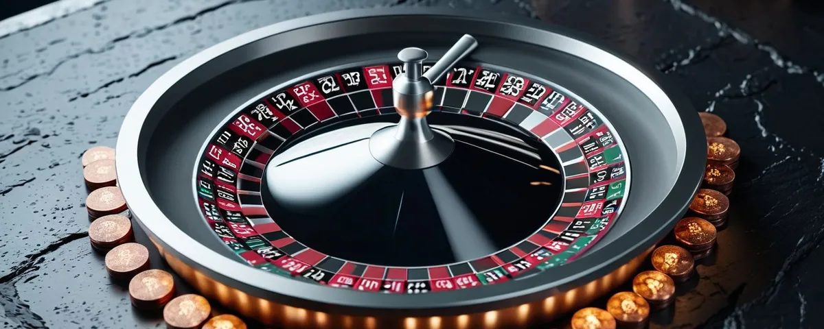 Laptop con una ruleta en línea y un escudo plateado translúcido sobre la pantalla, con fichas de cobre en primer plano