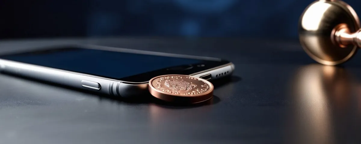 Teléfono con una mesa de blackjack en línea junto a una lupa de plata y una carpeta con sello de cobre