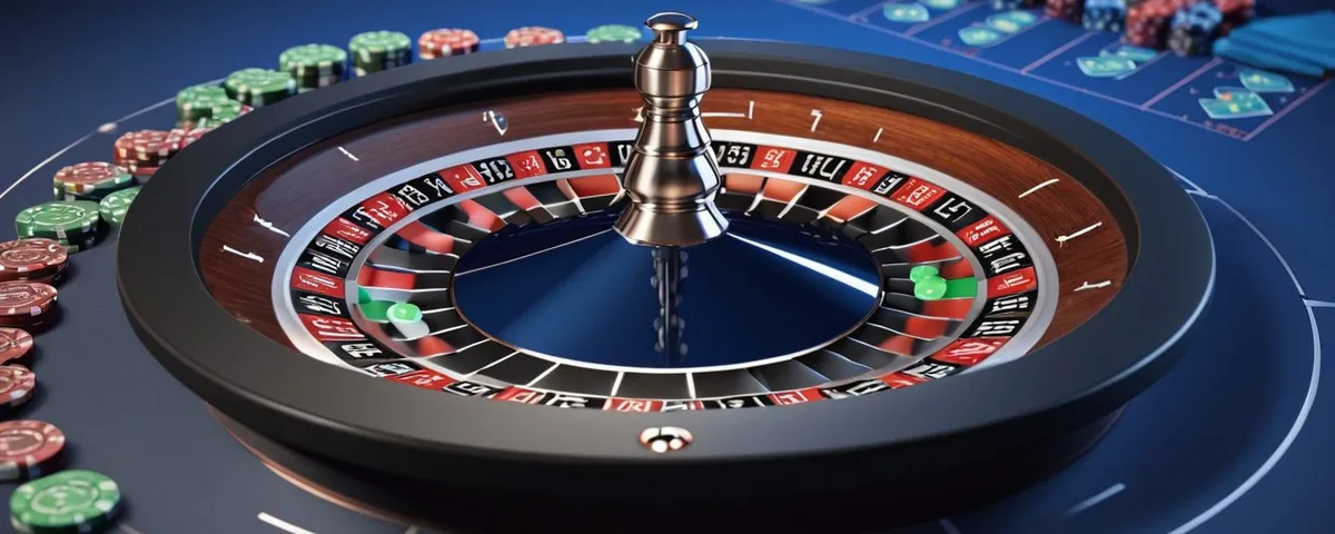Tableta con una ruleta en línea, una brújula plateada y fichas de colores apiladas junto a un mapa en blanco