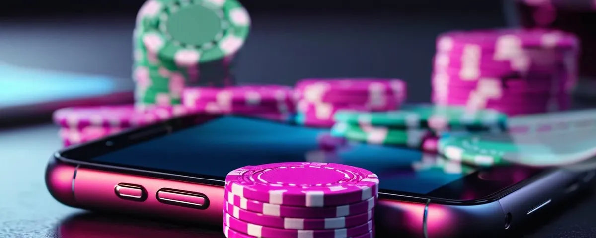 Teléfono con la caja de un casino en línea abierta junto a una llave de plata y fichas de colores sobre pizarra