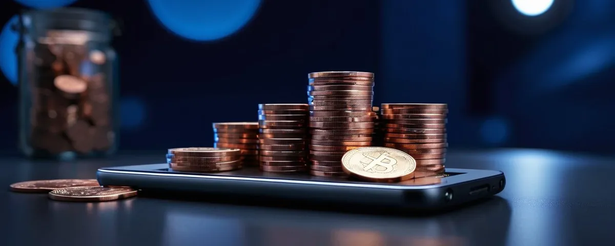 Tableta con tragamonedas en línea, una calculadora plateada y monedas de cobre apiladas sobre una mesa de pizarra