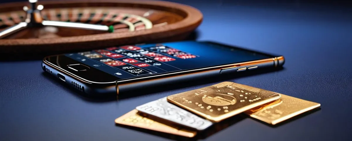 Teléfono con una ruleta en línea, una billetera de piel abierta y fichas plateadas bajo luz dorada