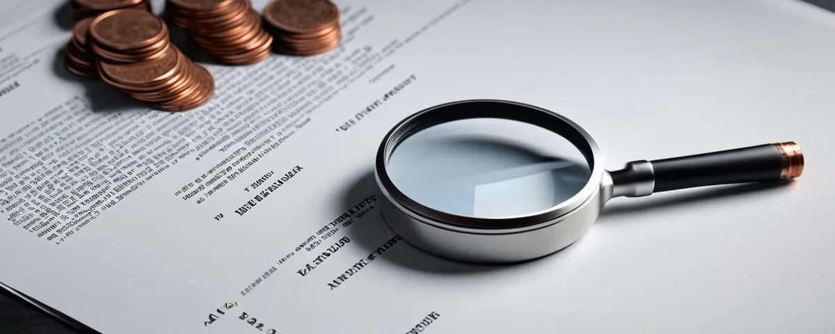 Laptop con un casino en línea, una lupa plateada sobre un documento sin texto y fichas de cobre en una mesa de pizarra