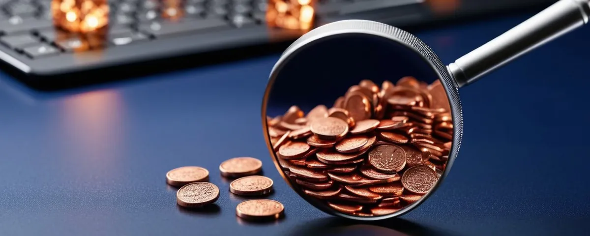 Laptop con un casino en línea abierto, una lupa plateada sobre la pantalla y fichas de cobre en una mesa oscura