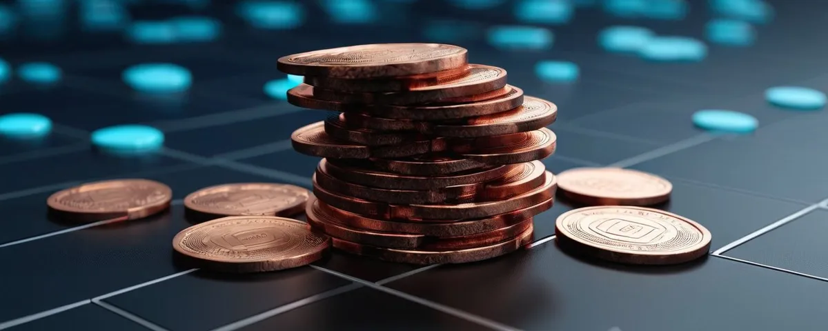 Laptop con un casino en línea y pilas de fichas de cobre de alturas distintas sobre una mesa de pizarra