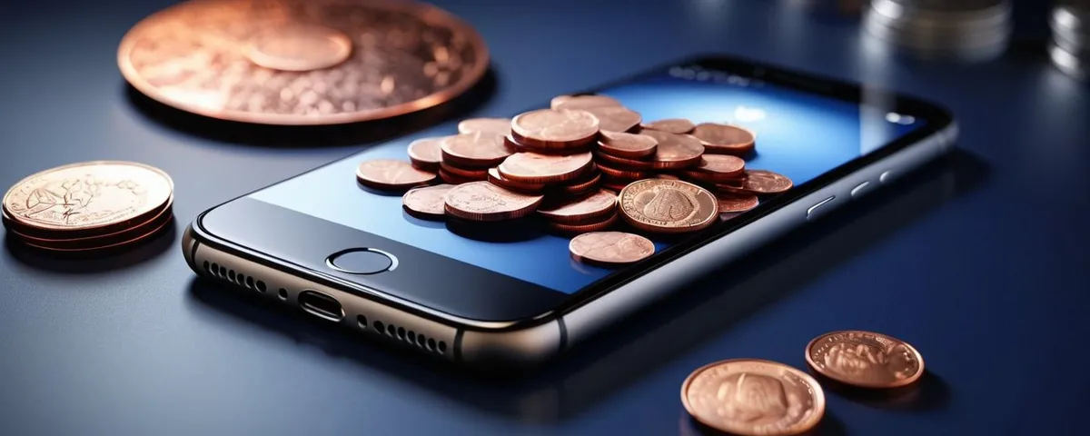 Teléfono con un botón de retiro iluminado junto a una bóveda plateada entreabierta y monedas de cobre