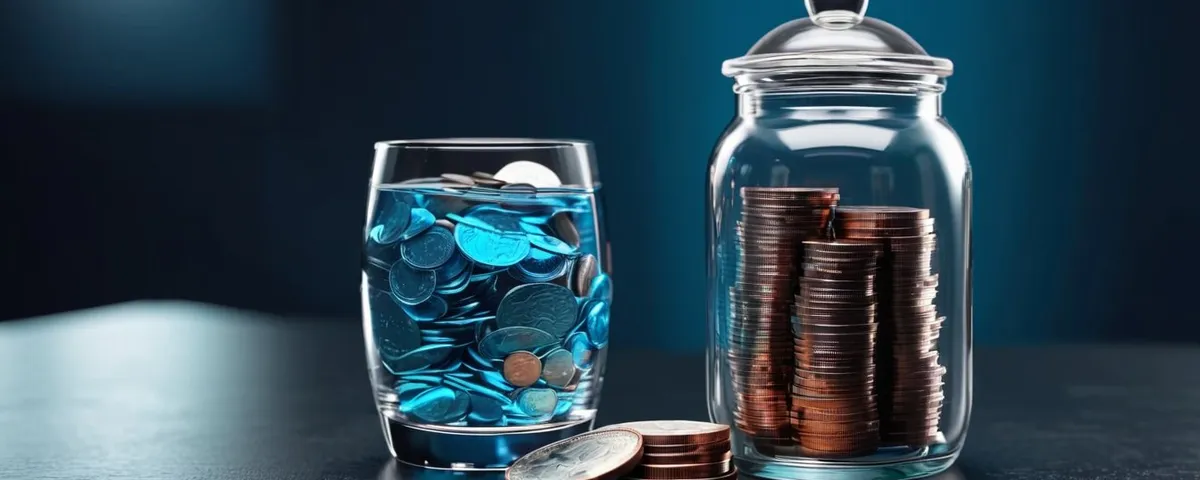 Teléfono con tragamonedas en línea, un cronómetro plateado y monedas de cobre que entran en una alcancía de cristal