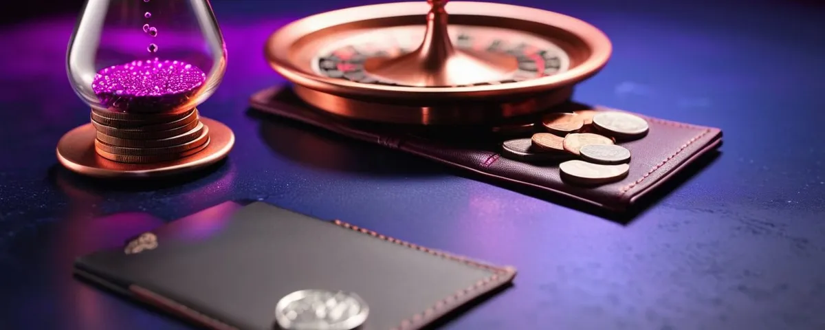 Laptop con una ruleta en línea, un reloj de arena de cobre y monedas plateadas que caen hacia una billetera abierta