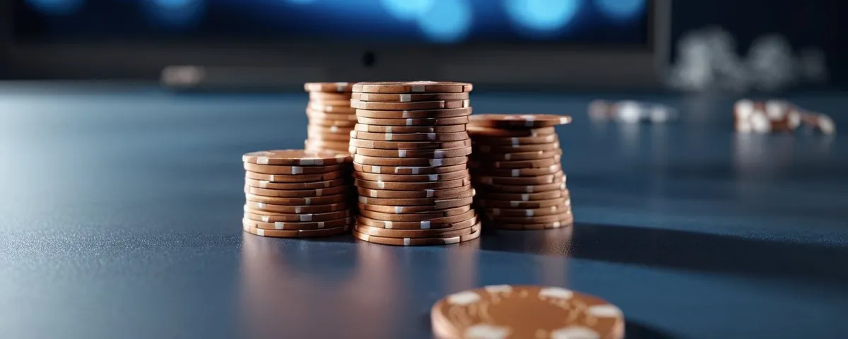 Tableta con los rodillos de una tragamoneda en pausa, un calendario de cobre y monedas plateadas dispersas sobre una mesa oscura
