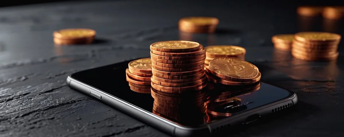 Teléfono con una tragamoneda en pantalla y una sola moneda de cobre que cae hacia ella junto a una pila pequeña de fichas