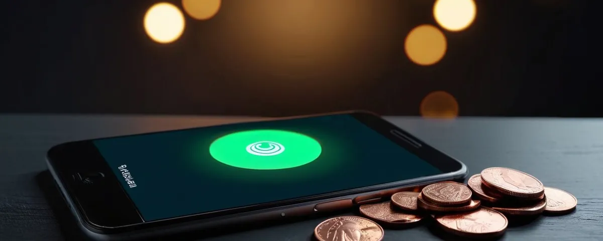 Teléfono con una pantalla de recarga de casino, una tarjeta sin contacto en blanco y monedas de cobre apiladas
