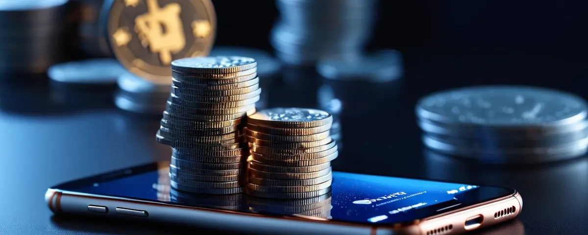Dos teléfonos con tragamonedas distintas unidos por un hilo de luz sobre una pila de monedas plateadas
