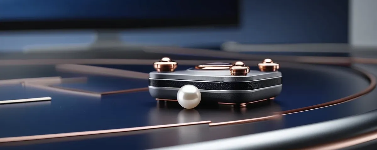 Monitor curvo con una cuadrícula de miniaturas de tragamonedas iluminadas y un joystick plateado junto a fichas de cobre