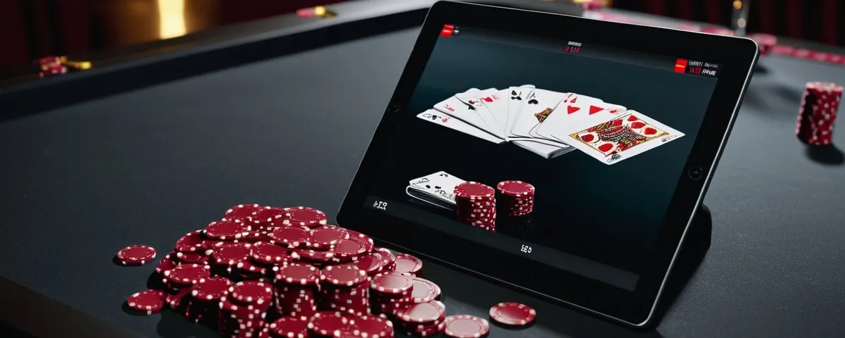 Tableta con una mesa de baccarat en vivo, cartas y pilas de fichas bajo una luz carmesí