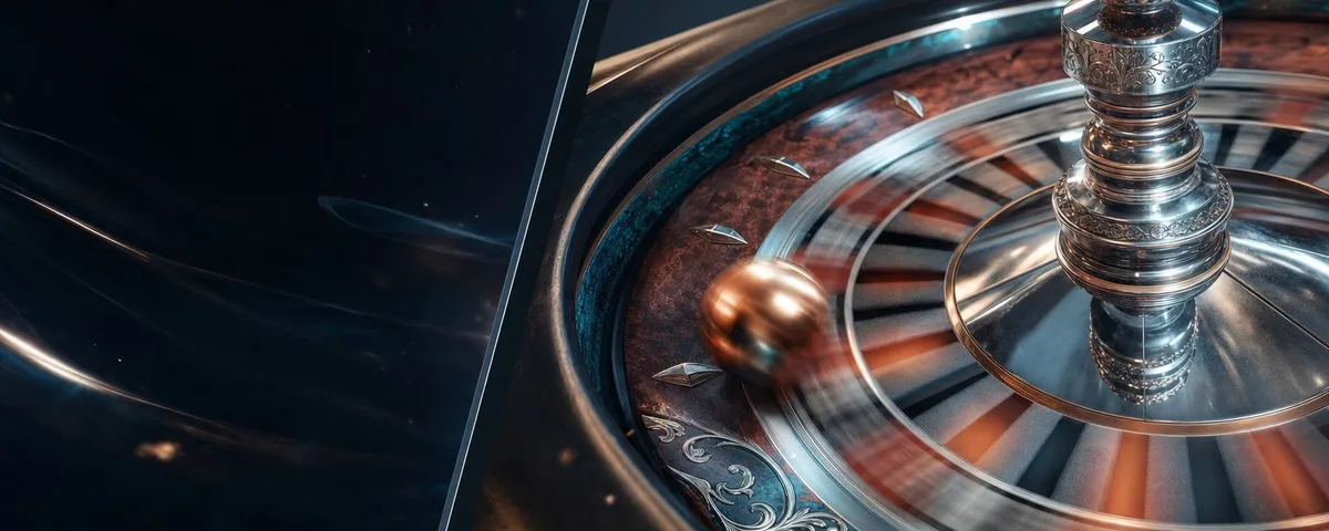 Mesa de blackjack con fichas y una ruleta iluminada al fondo, vista desde la pantalla de un teléfono