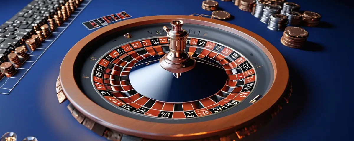 Laptop con una ruleta en línea, una calculadora de cobre y fajos de fichas plateadas bajo luz ámbar