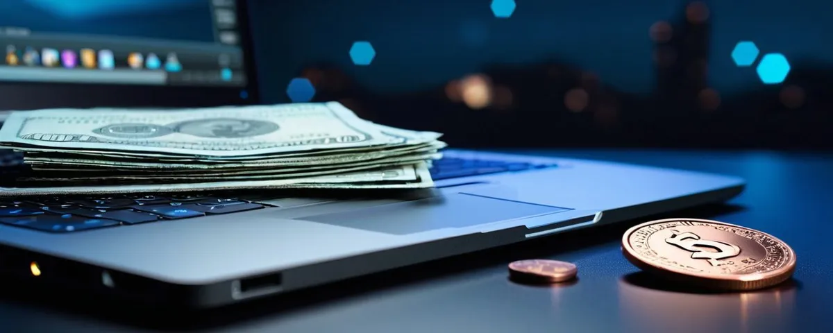 Laptop con una ruleta en línea, un sobre con documentos fiscales y una pila de monedas de cobre bajo luz azul