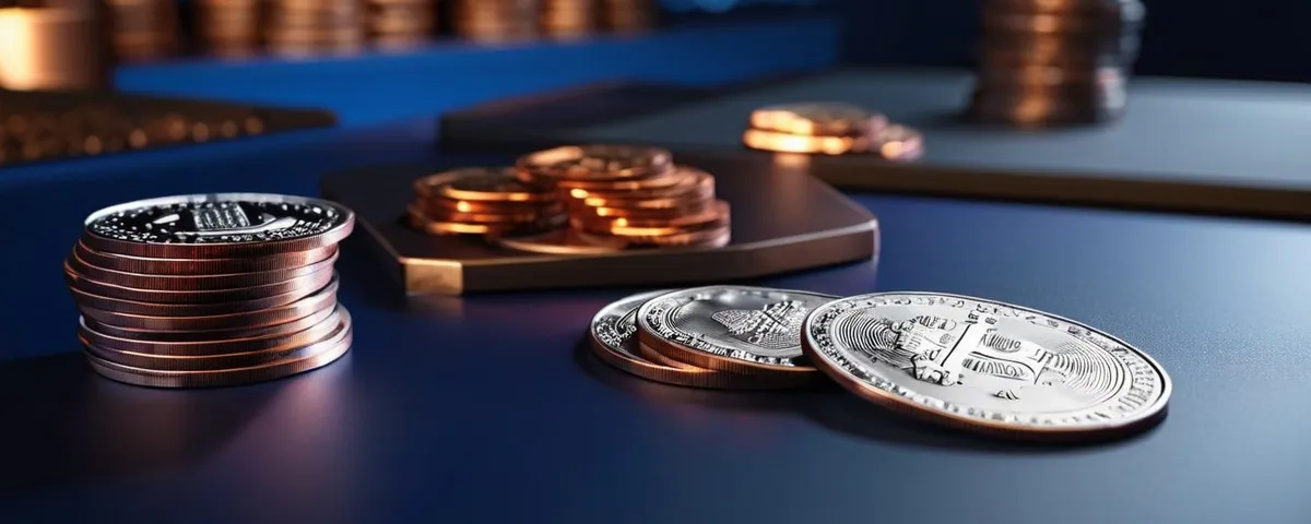 Monitor curvo con una tragamoneda de premio acumulado iluminada, una corona de cobre y monedas plateadas apiladas sobre una mesa de pizarra