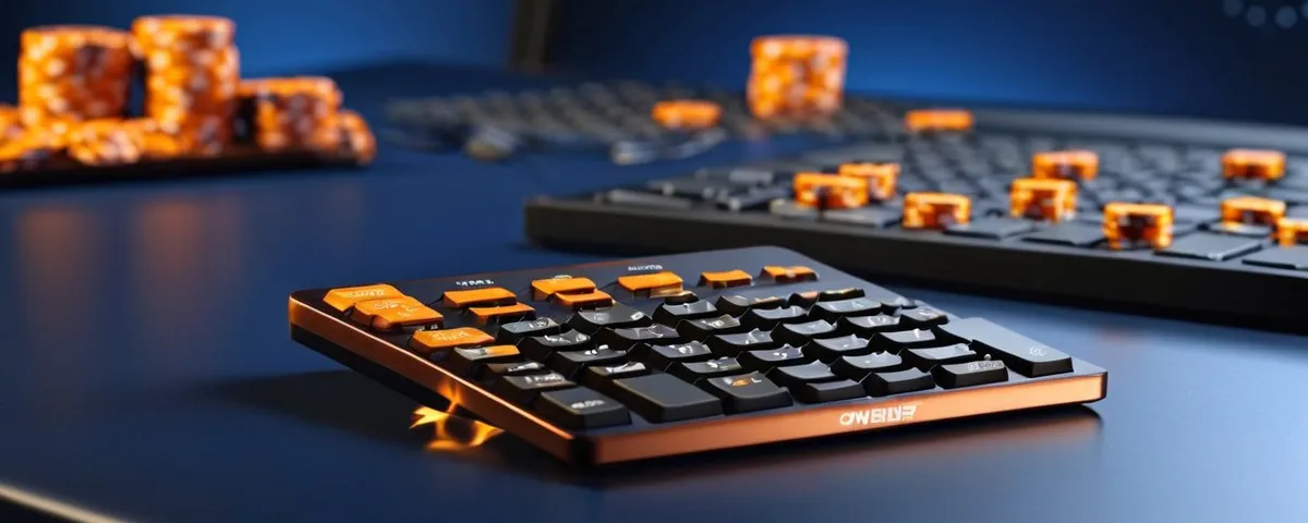 Tableta con rodillos de tragamoneda y un contador de premio encendido, junto a fichas de cobre y una calculadora plateada