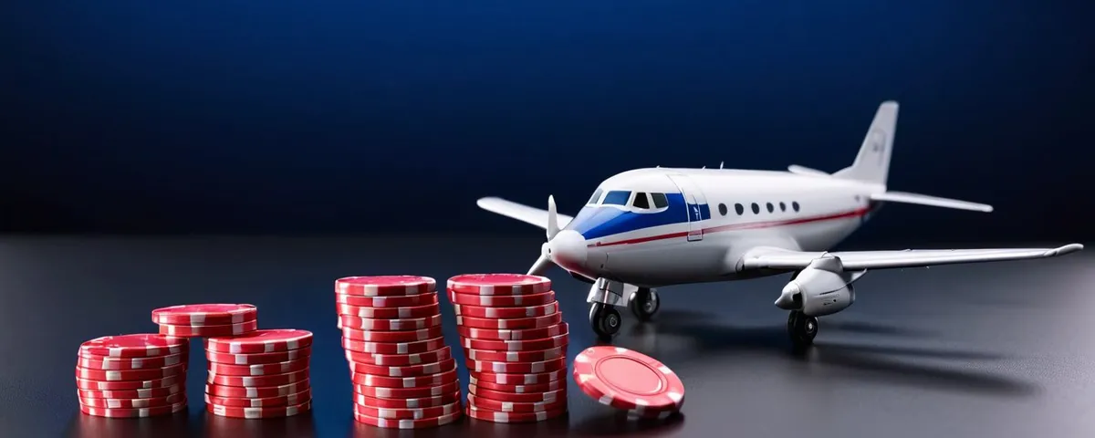 Teléfono con una curva de multiplicador ascendente en pantalla, fichas rojas y un pequeño avión de metal sobre la mesa