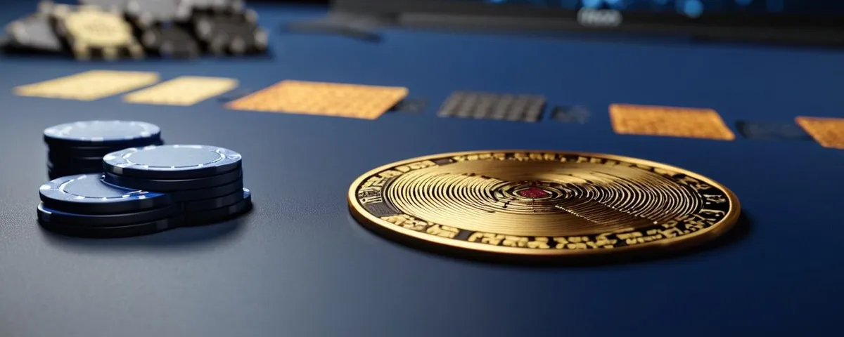 Laptop con una mesa de blackjack en línea, dos cartas boca arriba y una barra de progreso dorada a medio llenar