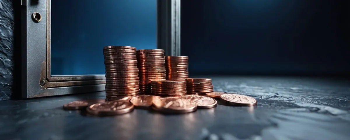 Teléfono con una pantalla de retiro de casino y monedas que vuelan hacia una pequeña puerta de bóveda plateada