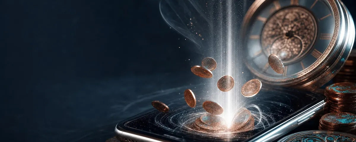 Teléfono con una app bancaria que confirma una transferencia junto a monedas y un recibo de tienda