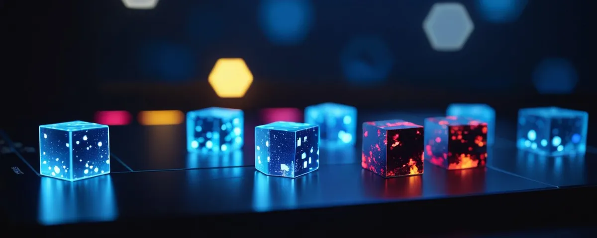Laptop con una cuadrícula de miniaturas de juegos iluminadas y pequeños cubos de cristal alrededor