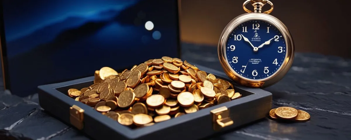 Tableta con una tragamoneda encendida junto a una cartera de piel abierta con billetes sin marcas y un reloj de pulsera plateado